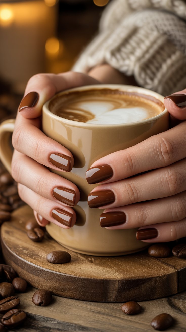 “Glossy chocolate mocha nails beside a coffee mug in a warm, cozy winter scene.”