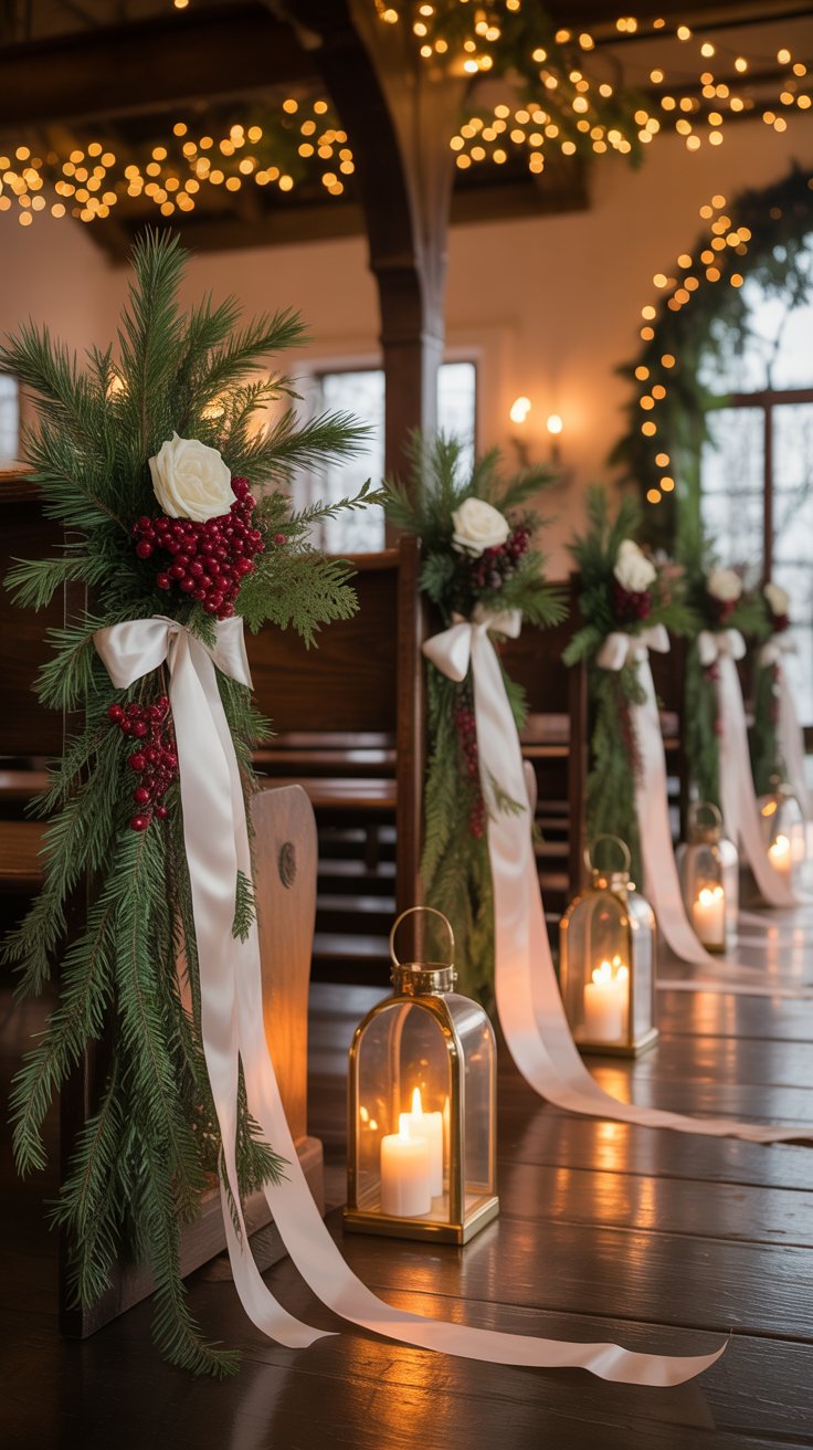 Winter wedding ceremony aisle decorated with pine branches, red berries, and ivory ribbons in a warm, candlelit Christmas venue.