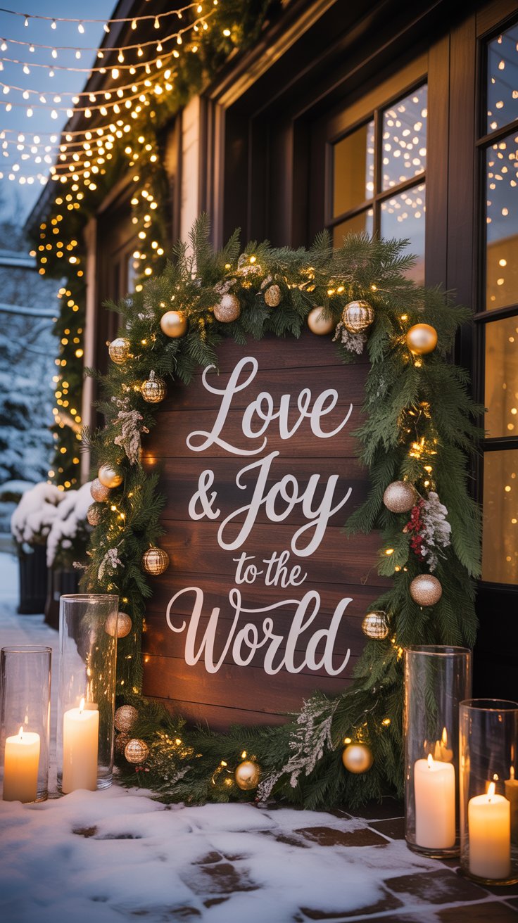 Christmas wedding entrance with a wooden “Love & Joy to the World” sign, evergreen garland, and glowing candles in a romantic winter setting.
