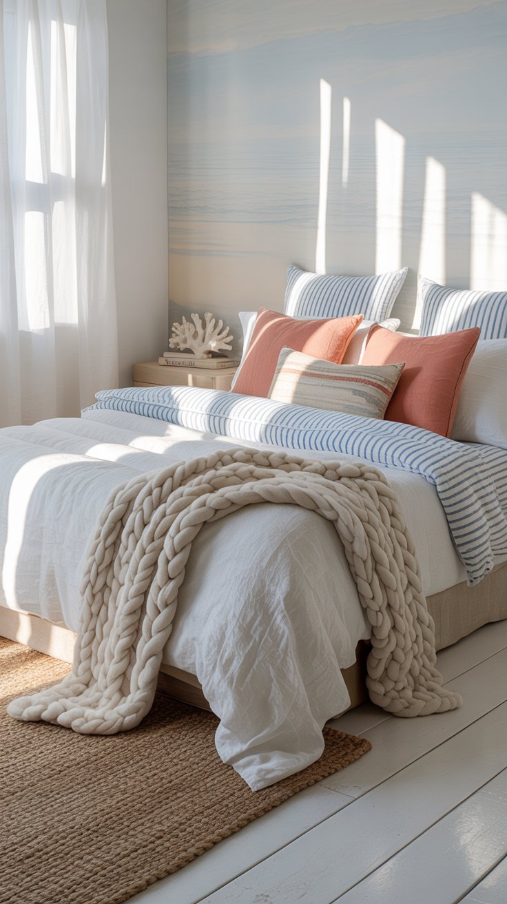 Coastal bedroom with white linen bedding, blue striped sheets, and soft coastal pillows and throw blanket