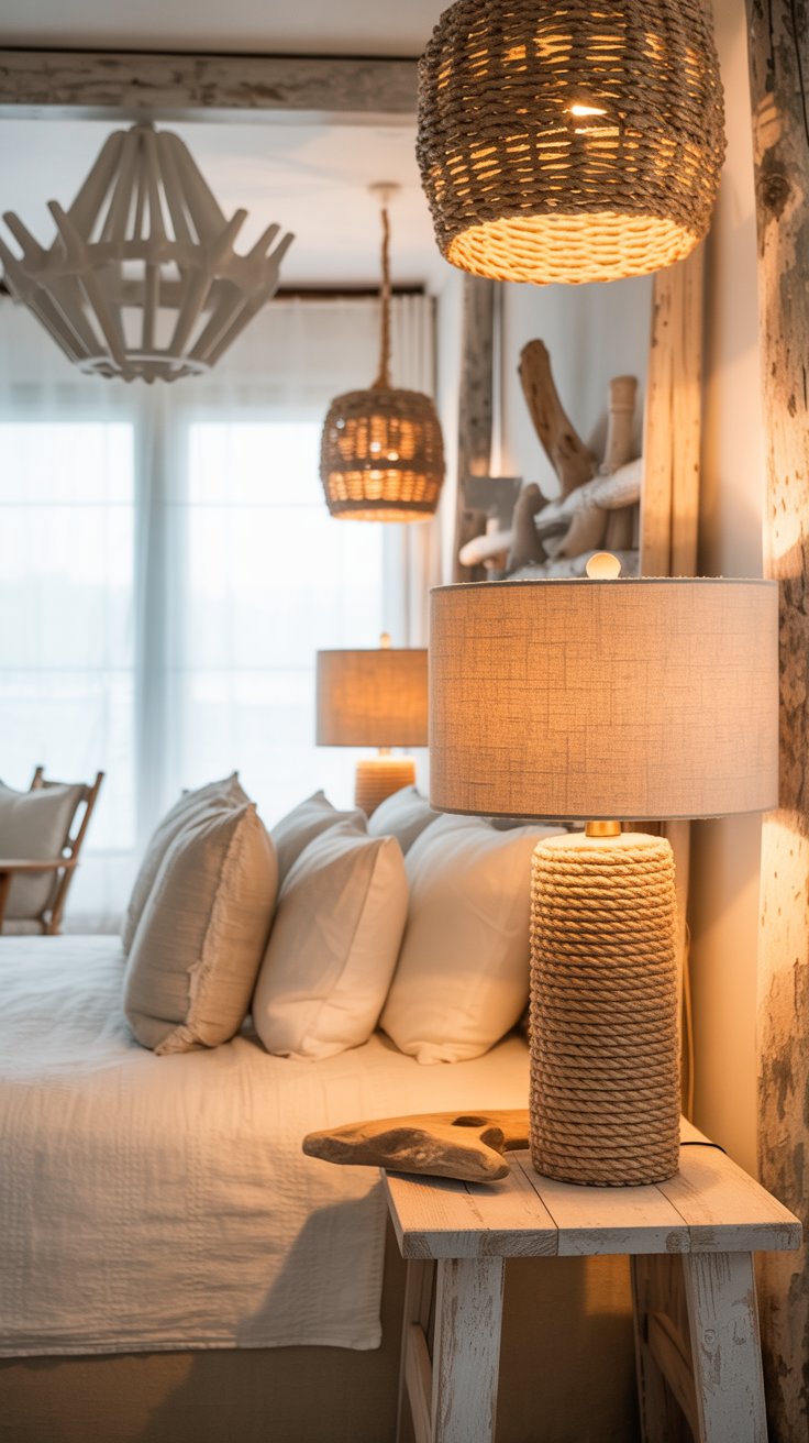 Coastal bedroom with white linen bedding, blue striped sheets, and soft coastal pillows and throw blanket