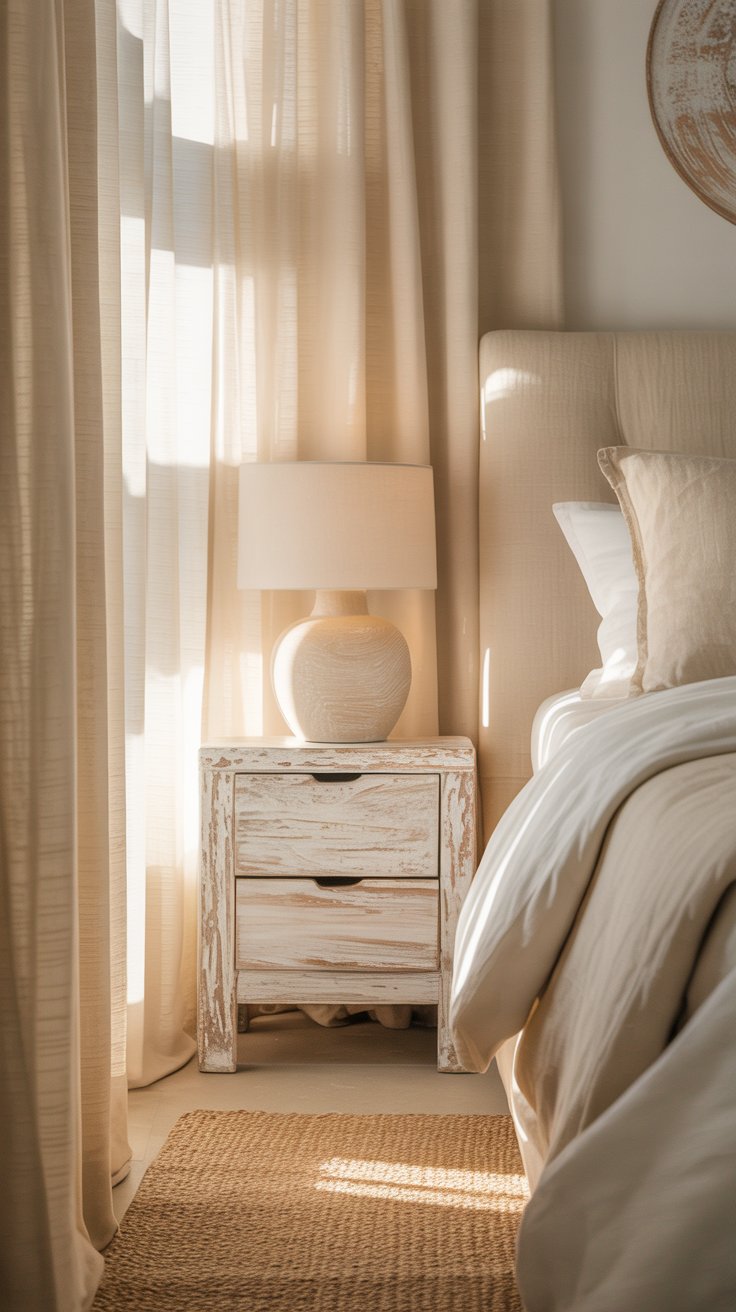 Coastal bedroom with driftwood nightstand, linen headboard, jute rug, and sheer curtains in soft sandy tones