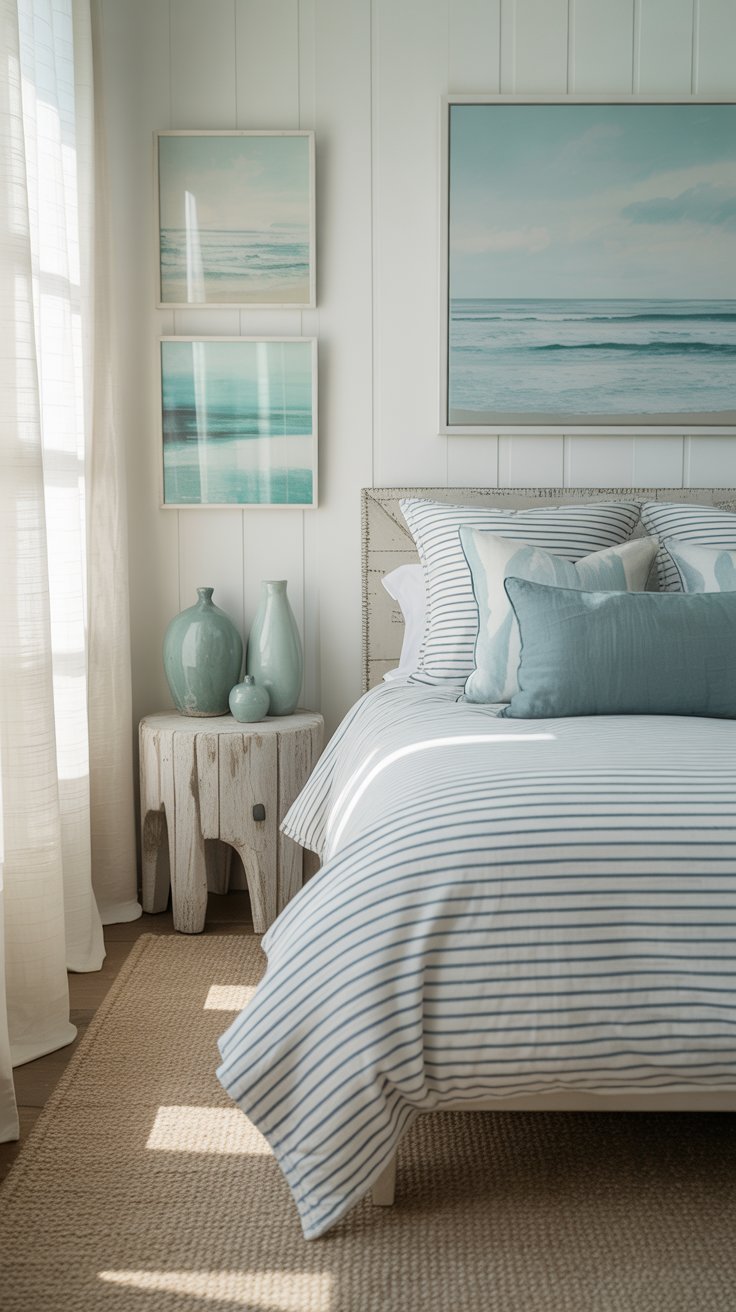 Coastal bedroom decorated in ocean blues with seafoam pillows, striped bedding, aqua vases, and coastal wall art