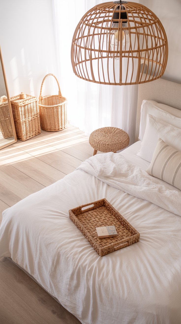 Coastal bedroom featuring rattan pendant lighting, wicker baskets, and woven textures in soft neutral tones