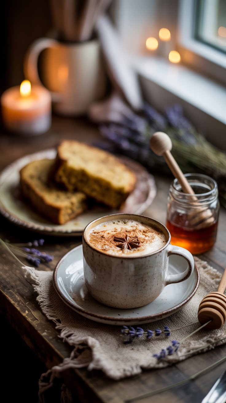 A rustic wooden table with a steaming cup of chai latte, lavender honey, banana bread slices, and cozy textures — linen napkin, candlelight, and soft focus. The atmosphere feels warm, homemade, and comforting. Pinterest cozy food photography, moody natural light, no text.