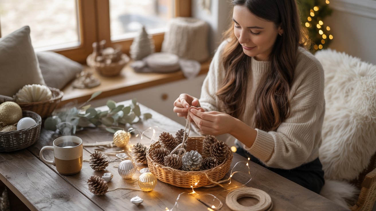 Woman crafting DIY Christmas decorations with coffee, pinecones, and fairy lights in a cozy boho-style home