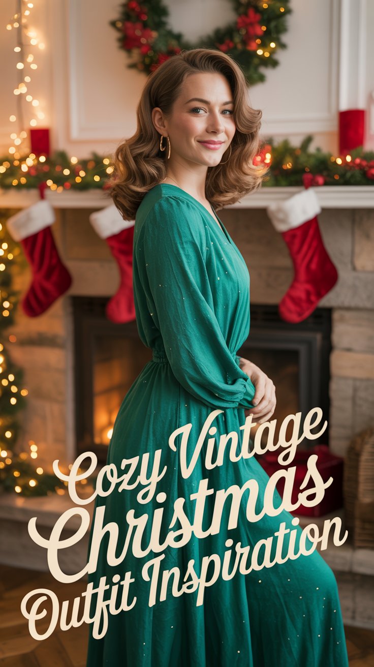 Woman in a 1970s-inspired emerald green vintage Christmas dress standing near a decorated fireplace, with text overlay reading ‘Cozy Vintage Christmas Outfit Inspiration