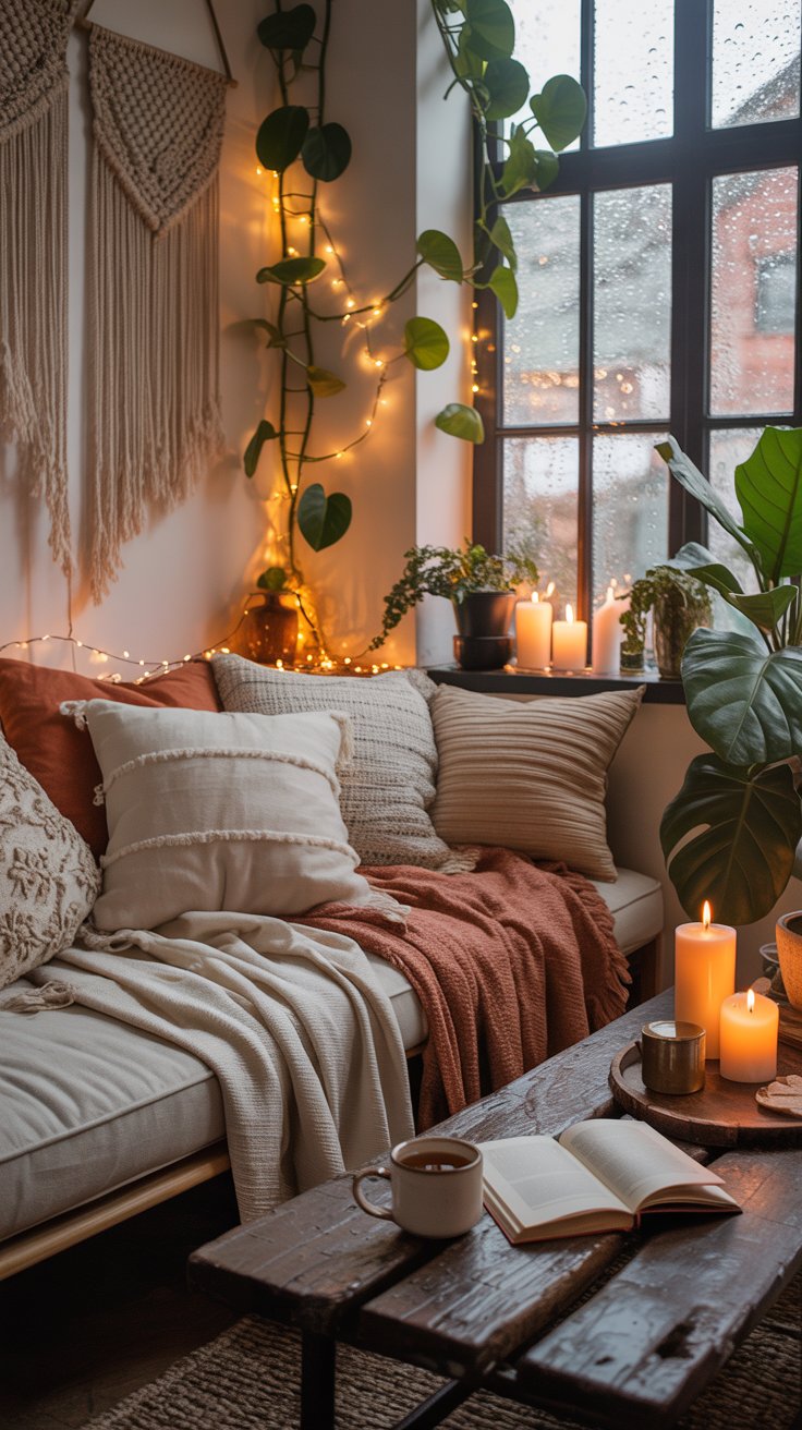A warm, cozy boho living space on a rainy day — layered blankets, textured pillows, macramé wall art, houseplants, candles, and fairy lights. A cup of tea and a book rest on a rustic wooden coffee table. Soft natural lighting and earthy tones create a peaceful, grounding atmosphere. Pinterest-style photo, inviting and serene, no text.