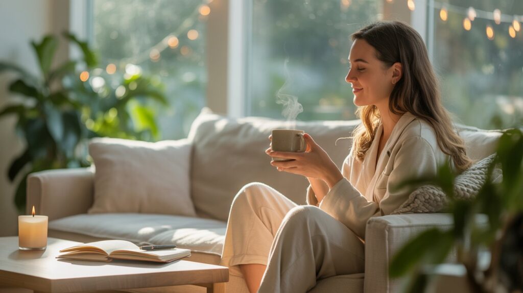A young woman enjoying a calm morning with coffee and journaling in a cozy living room, representing peaceful daily grounding habits.”