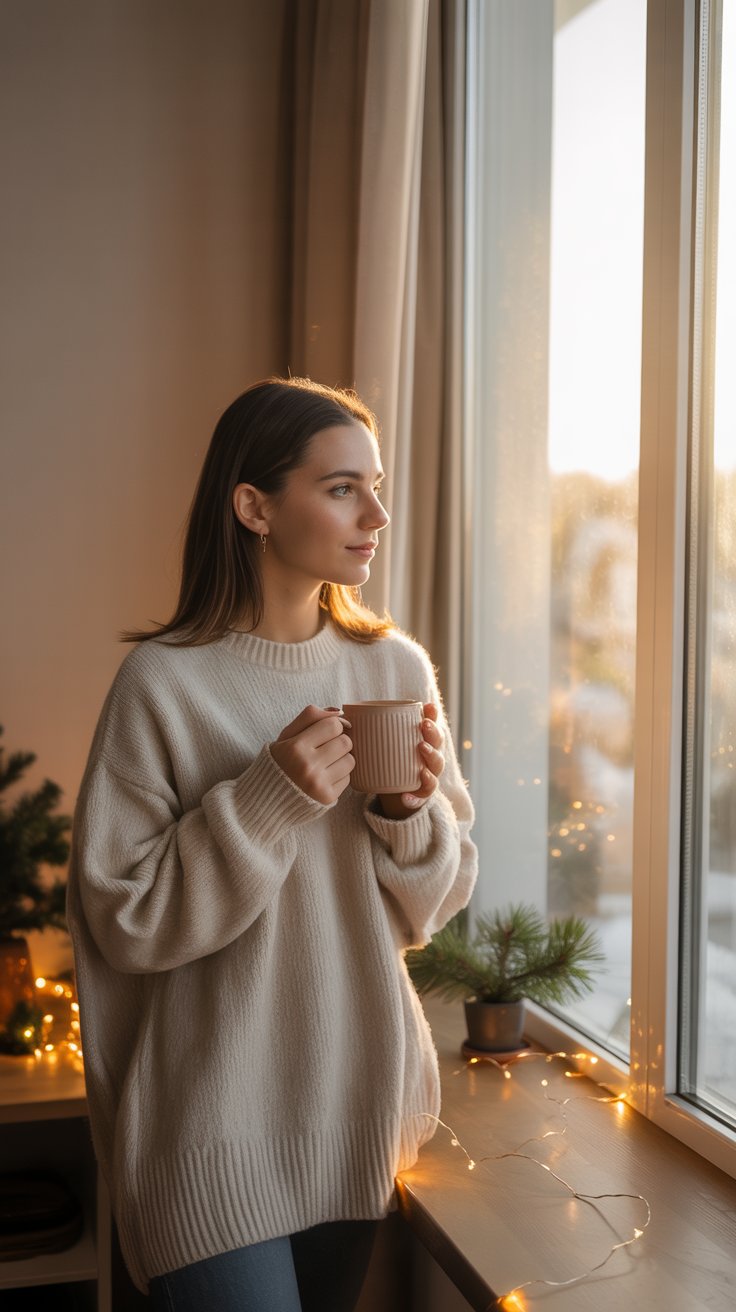 A young woman standing by a sunlit window with a warm drink, creating a calm and mindful moment during the busy season.