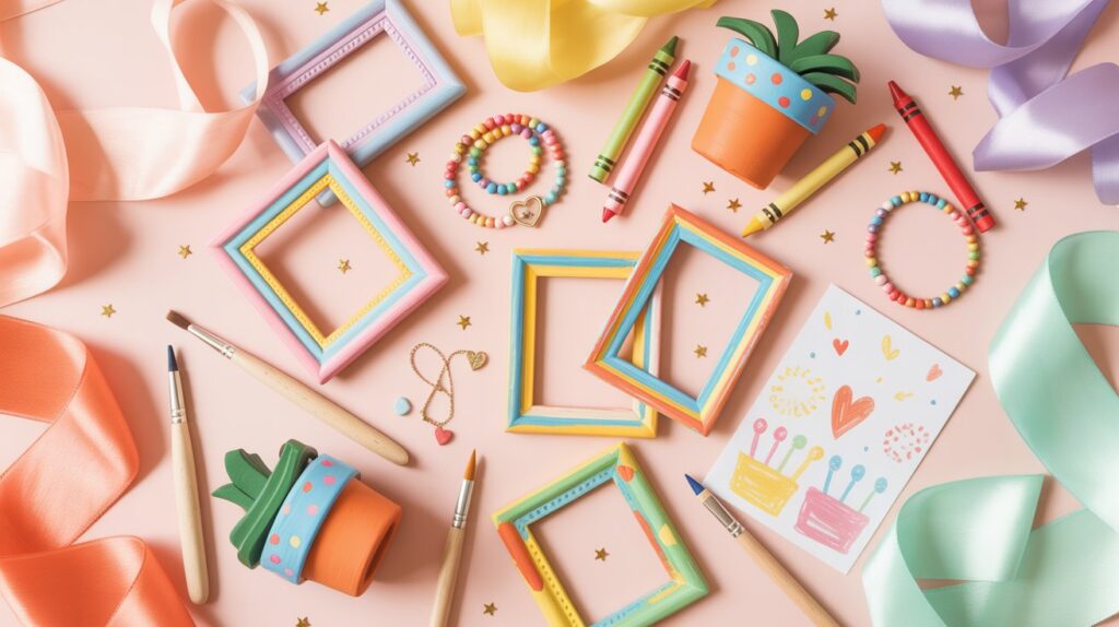 Bright flat-lay of colorful DIY kids’ birthday gifts including painted frames, beads, and crafts on a pastel background, perfect for a family craft blog.