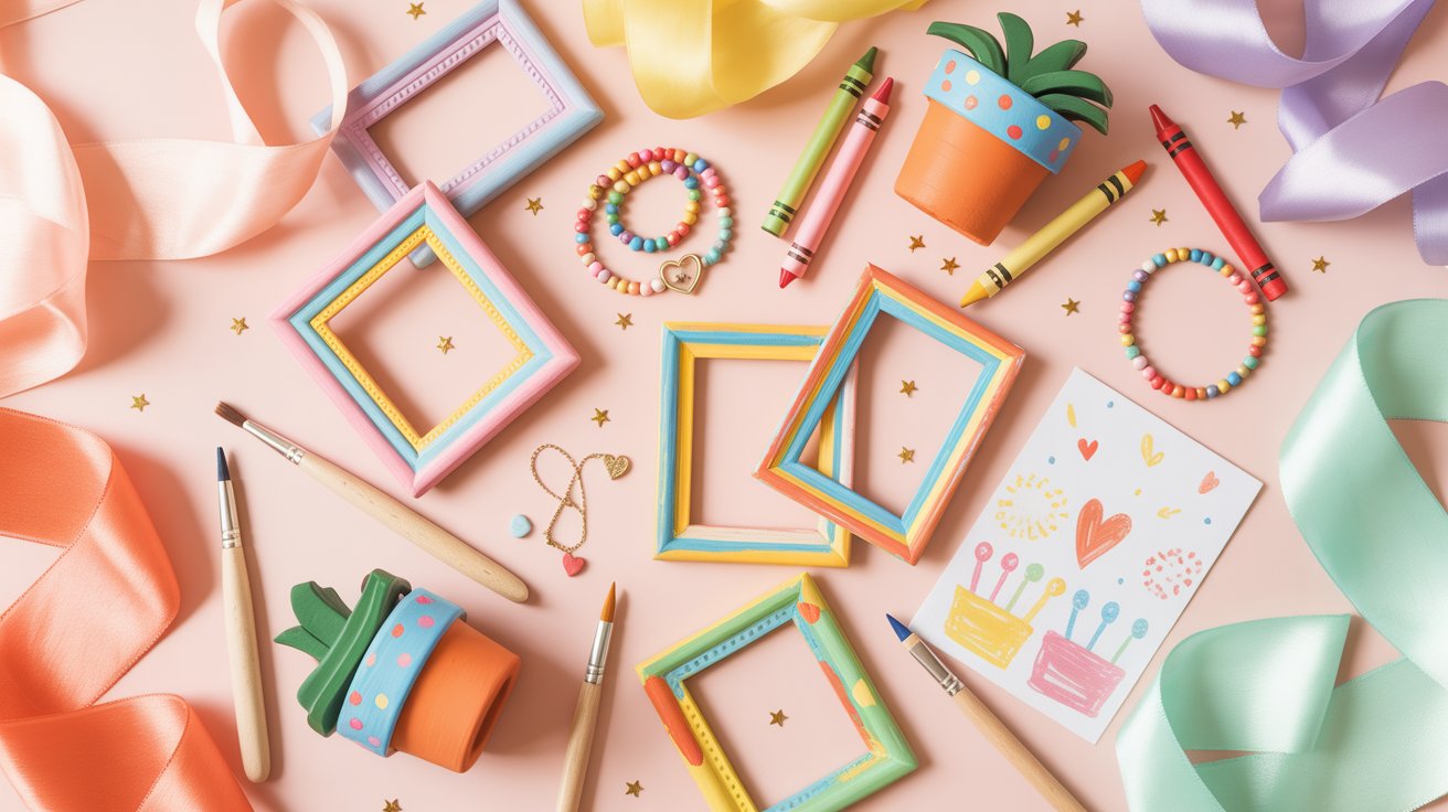 Bright flat-lay of colorful DIY kids’ birthday gifts including painted frames, beads, and crafts on a pastel background, perfect for a family craft blog.