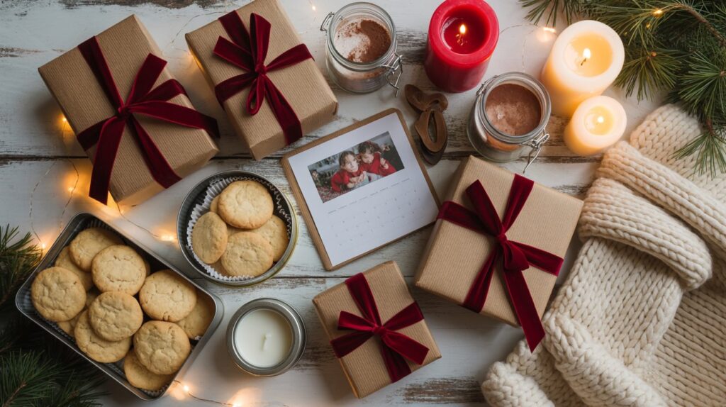 DIY Christmas gifts for family arranged on a table — photo calendar, homemade treats, knitted scarf, ornaments, and holiday packaging in a cozy rustic setting.
