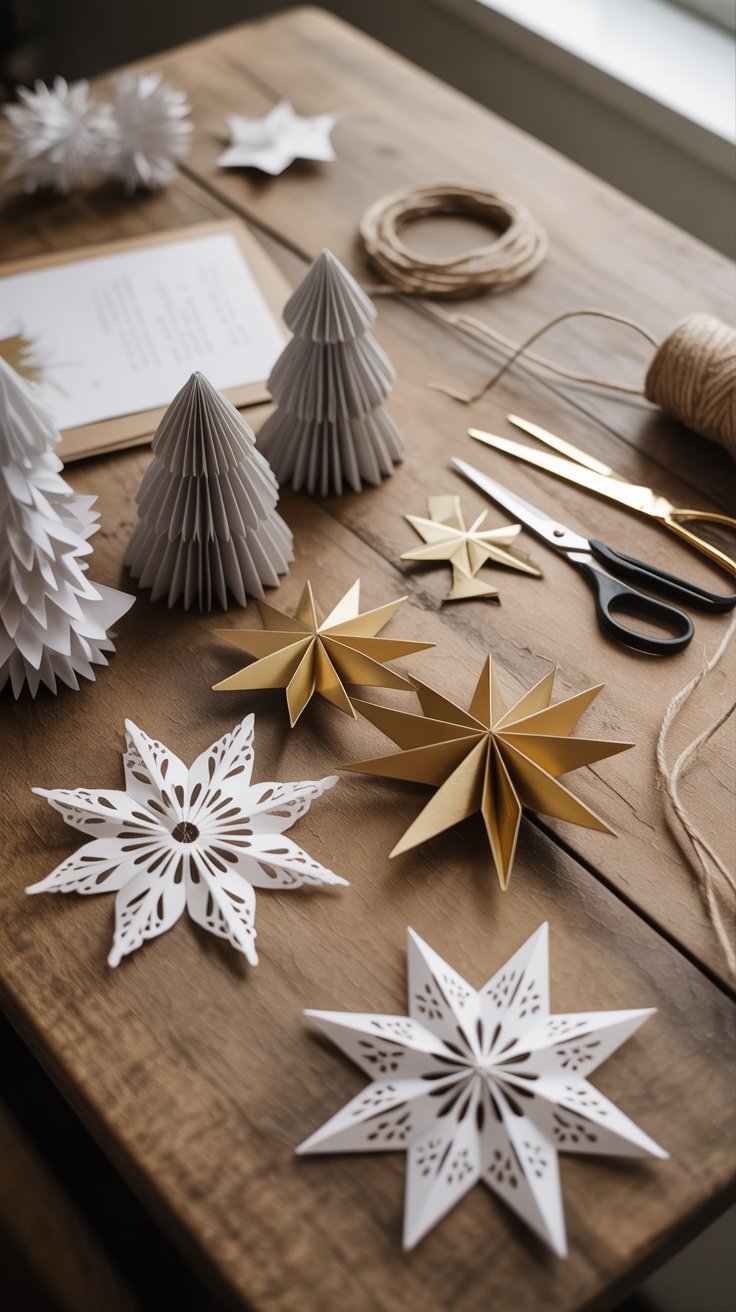 DIY Christmas paper crafts with handmade snowflakes, folded stars, and mini paper trees in white and gold tones