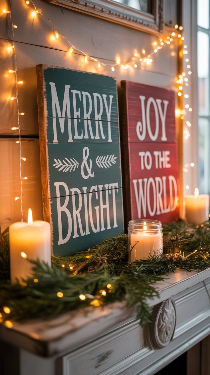DIY Christmas quote signs with festive sayings painted on wooden boards displayed with candles and pine branches.