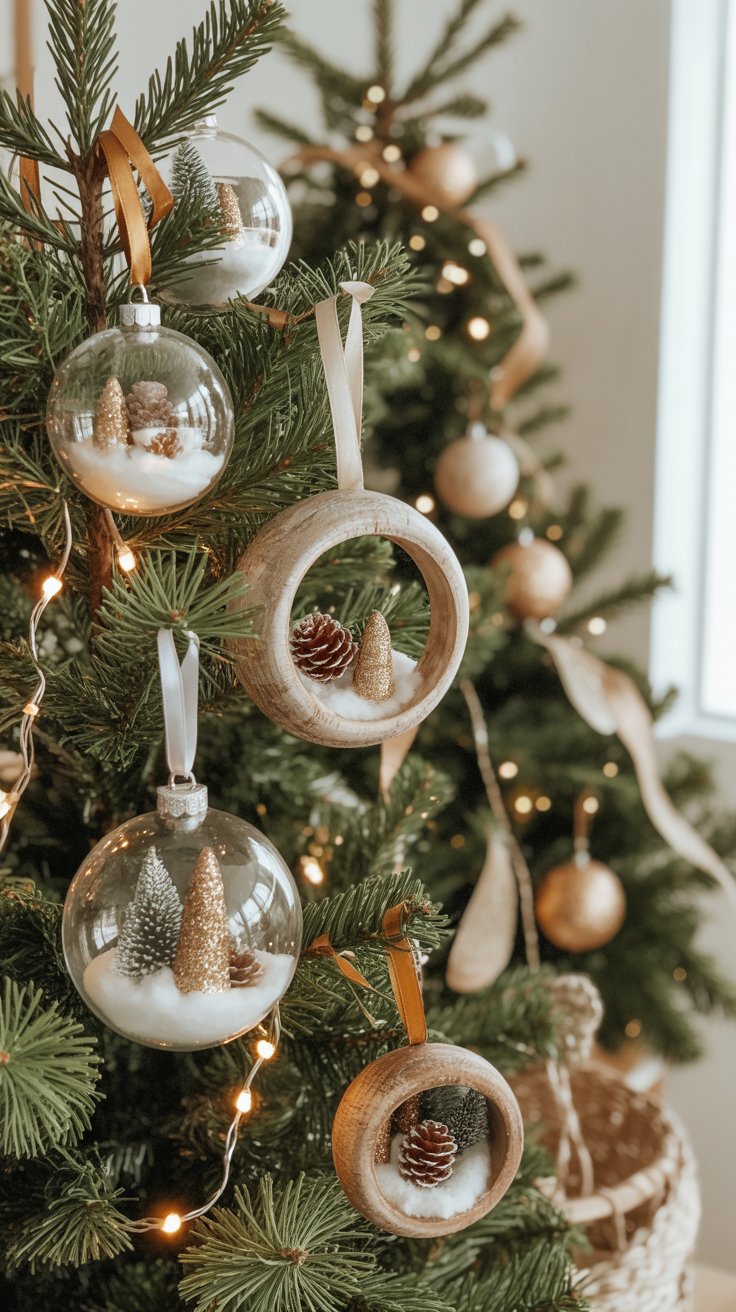 DIY Christmas tree ornaments filled with snow, pinecones, and ribbon on a cozy boho-style Christmas tree.