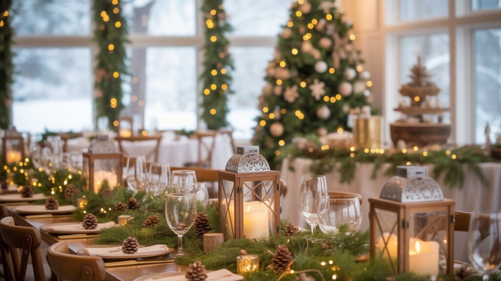 Romantic Christmas wedding venue with glowing candles, evergreen garlands, and festive DIY decorations in a cozy winter setting