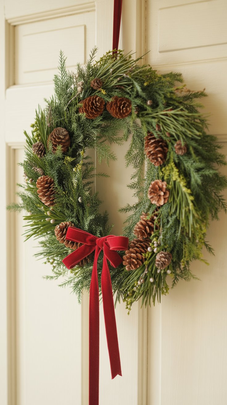 Handmade Christmas wreath with natural greenery, pinecones, and a red ribbon bow hanging on a white door.”