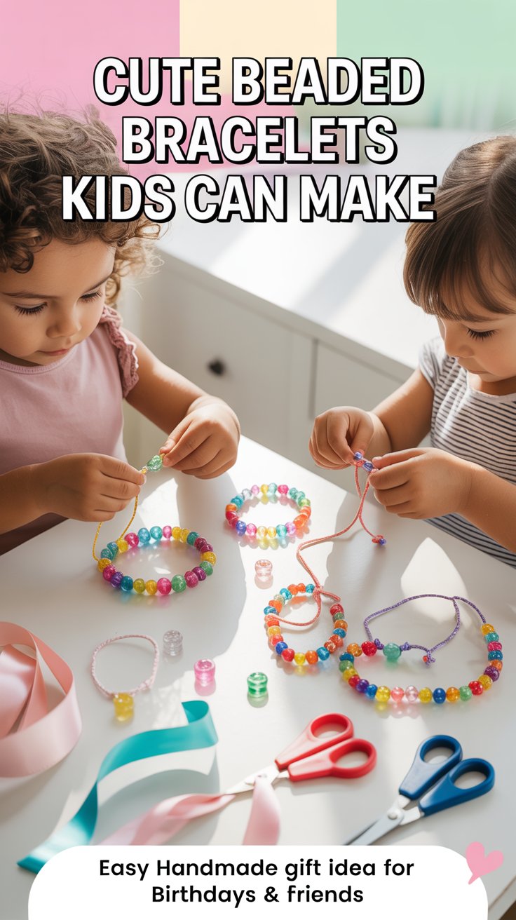 Children threading colorful beads with overlay text “Cute Beaded Bracelets Kids Can Make.