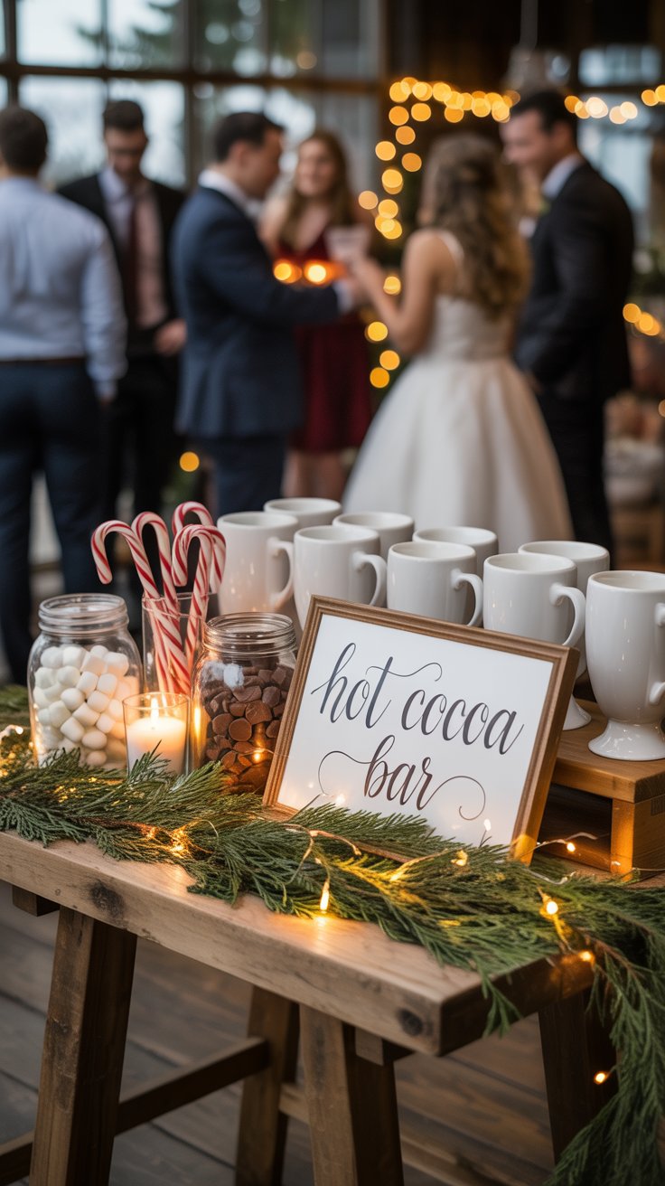 Elegant Christmas wedding hot cocoa bar with mugs, marshmallows, and candy canes on a rustic table decorated with lights and greenery.