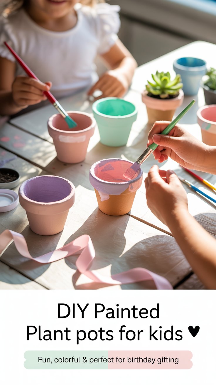 Kids painting small pastel-colored plant pots for a DIY birthday gift, surrounded by craft supplies and mini plants.