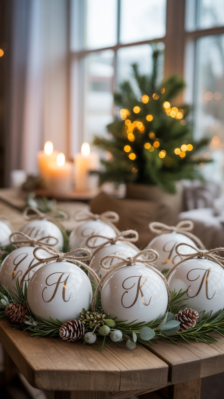 Personalized DIY Christmas wedding ornaments with calligraphy initials and gold accents displayed at a festive winter reception.