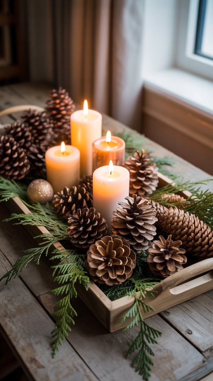 DIY pinecone Christmas centerpiece with candles and evergreen sprigs on a rustic wooden table