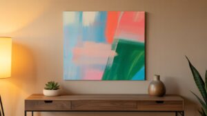 A vibrant, colorful DIY wall art mural featuring abstract shapes and geometric patterns in a modern interior setting, showcasing a fusion of nature-inspired designs and minimalist elements.