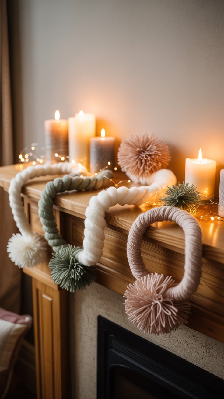 Cozy DIY yarn Christmas decorations with garlands, pom poms, and fairy lights on a mantel.