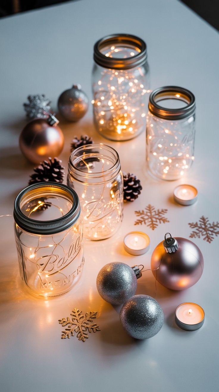 Dollar store DIY Christmas decorations featuring jars with fairy lights and metallic-painted ornaments.