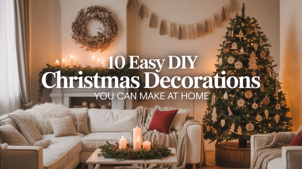 Cozy boho Christmas living room with handmade DIY decorations, yarn garland, wooden ornaments, and holiday tree