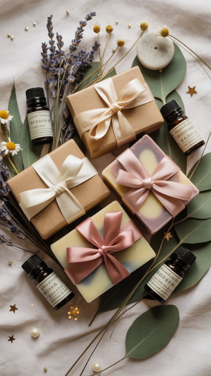 Handmade soap bars wrapped in natural paper and ribbons, styled with dried flowers and Christmas touches.