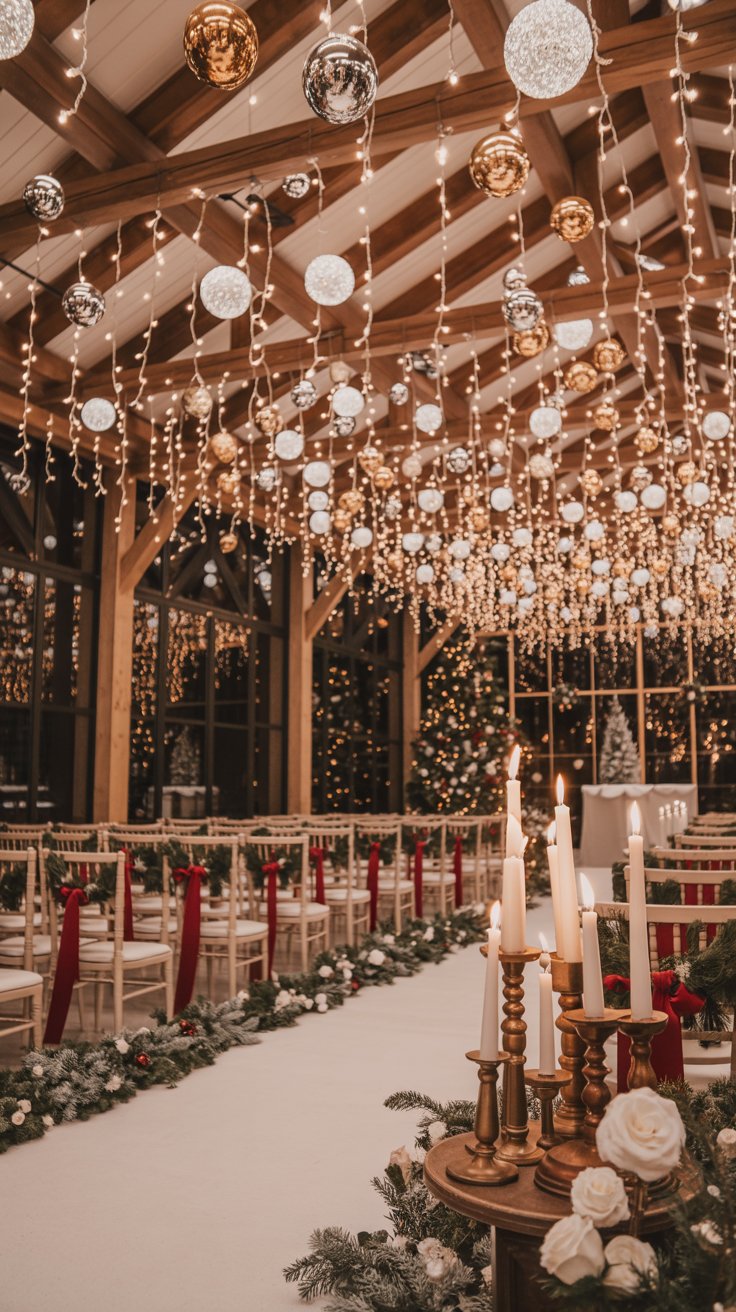 Floating LED ornaments and fairy lights illuminating a romantic Christmas wedding venue.