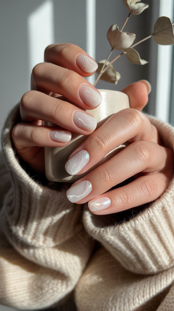 Frosted white marble nails with delicate gray swirls and a pearl shimmer finish.