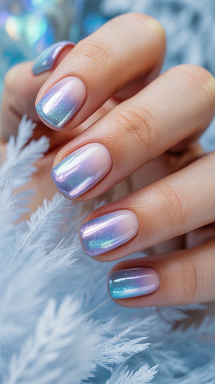 Glowing frozen aura nails with blue, lavender, and silver tones in a dreamy winter light.”