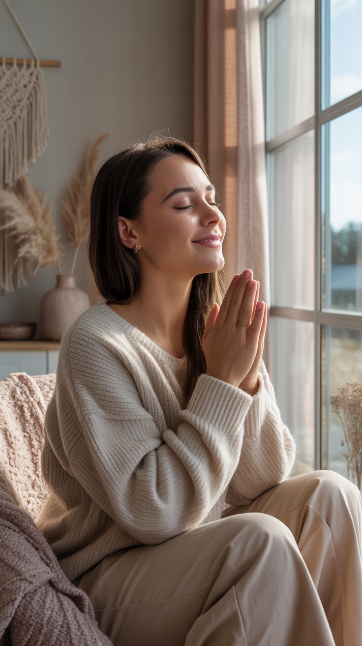 young Gen Z mom sitting peacefully by a window with eyes closed in prayer, soft neutral tones and warm sunlight creating a calm, faith-filled mood