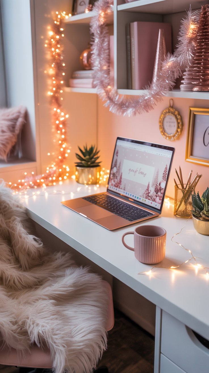 A dreamy pastel cubicle decorated with warm white and pink fairy lights, gold accents, and cozy Christmas charm for a feminine workspace.