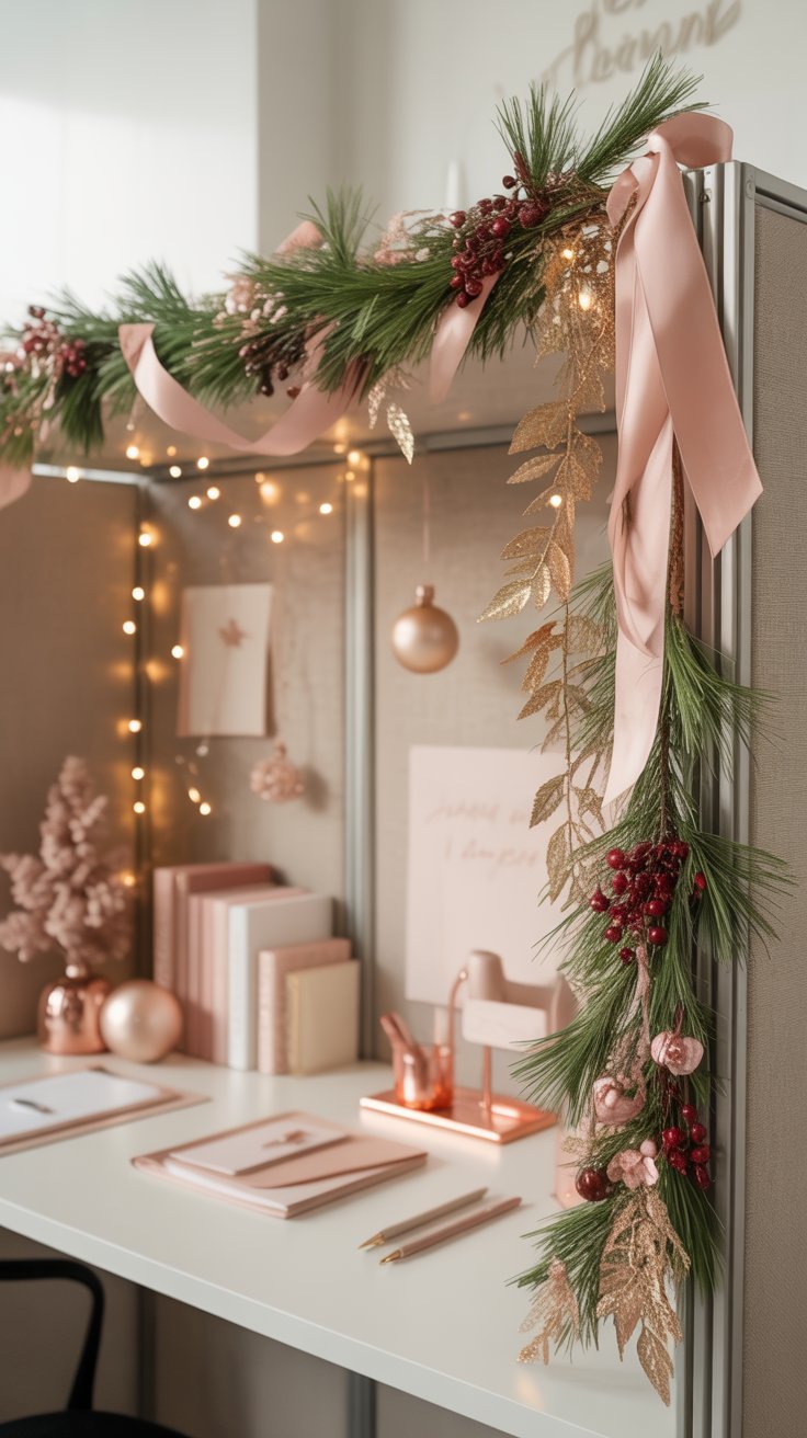 A feminine office cubicle with pine and berry garlands accented by blush ribbons and gold details for soft, modern Christmas décor.