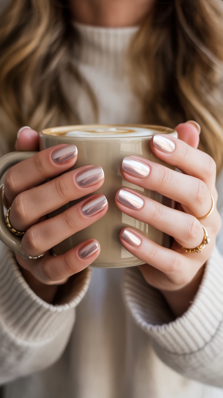 Close-up of trendy glazed donut nails with pearly chrome shimmer and nude tones, photographed with cozy winter lighting and a latte