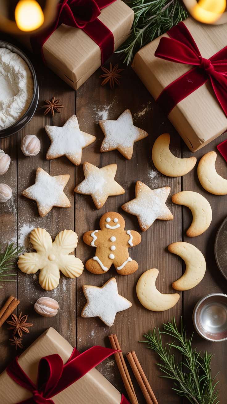 Homemade Christmas cookies in decorated boxes with festive ribbons and spices on a cozy kitchen counter.