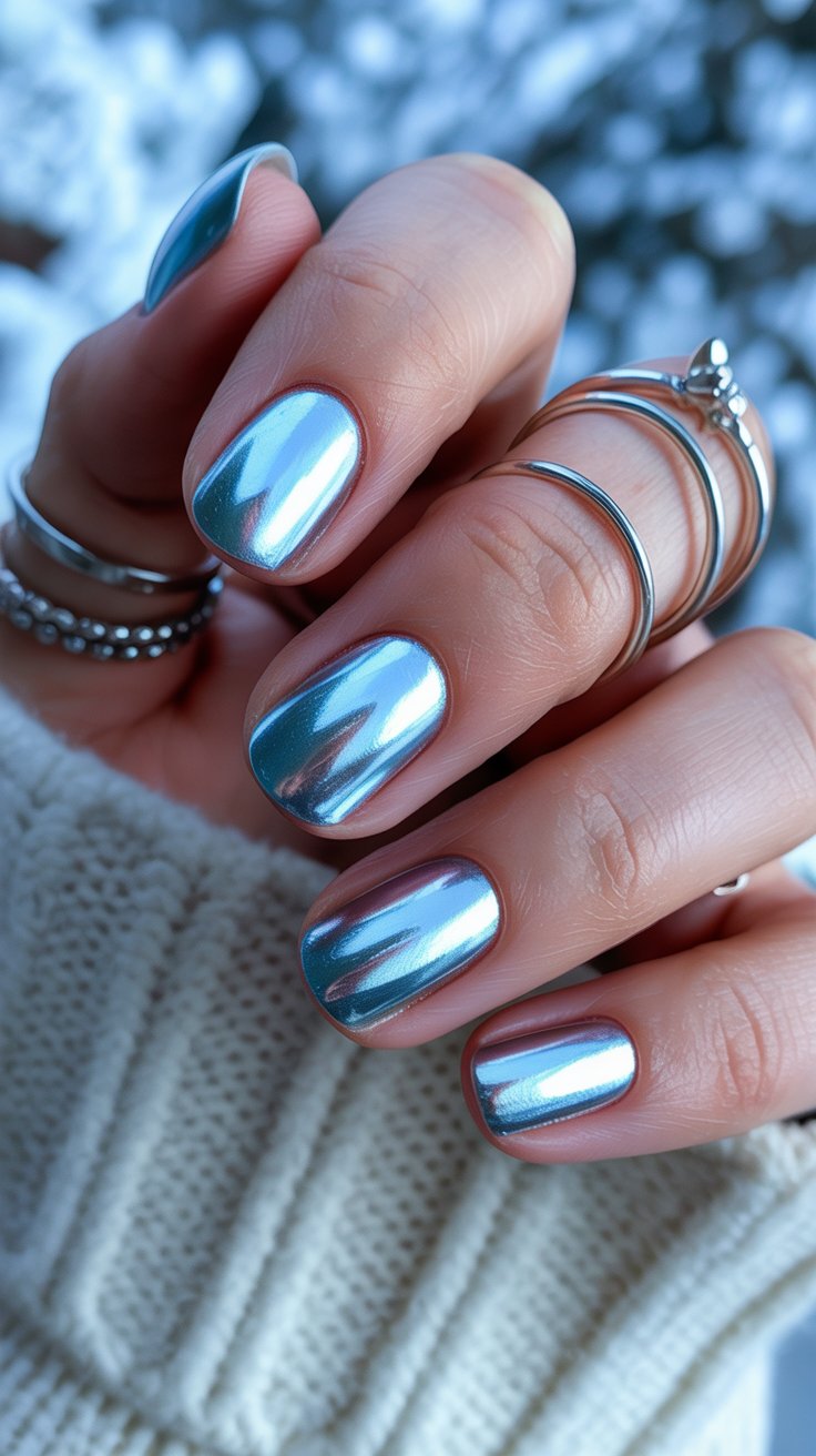 Shimmery icy blue chrome nails with metallic winter shine against a soft sweater background.
