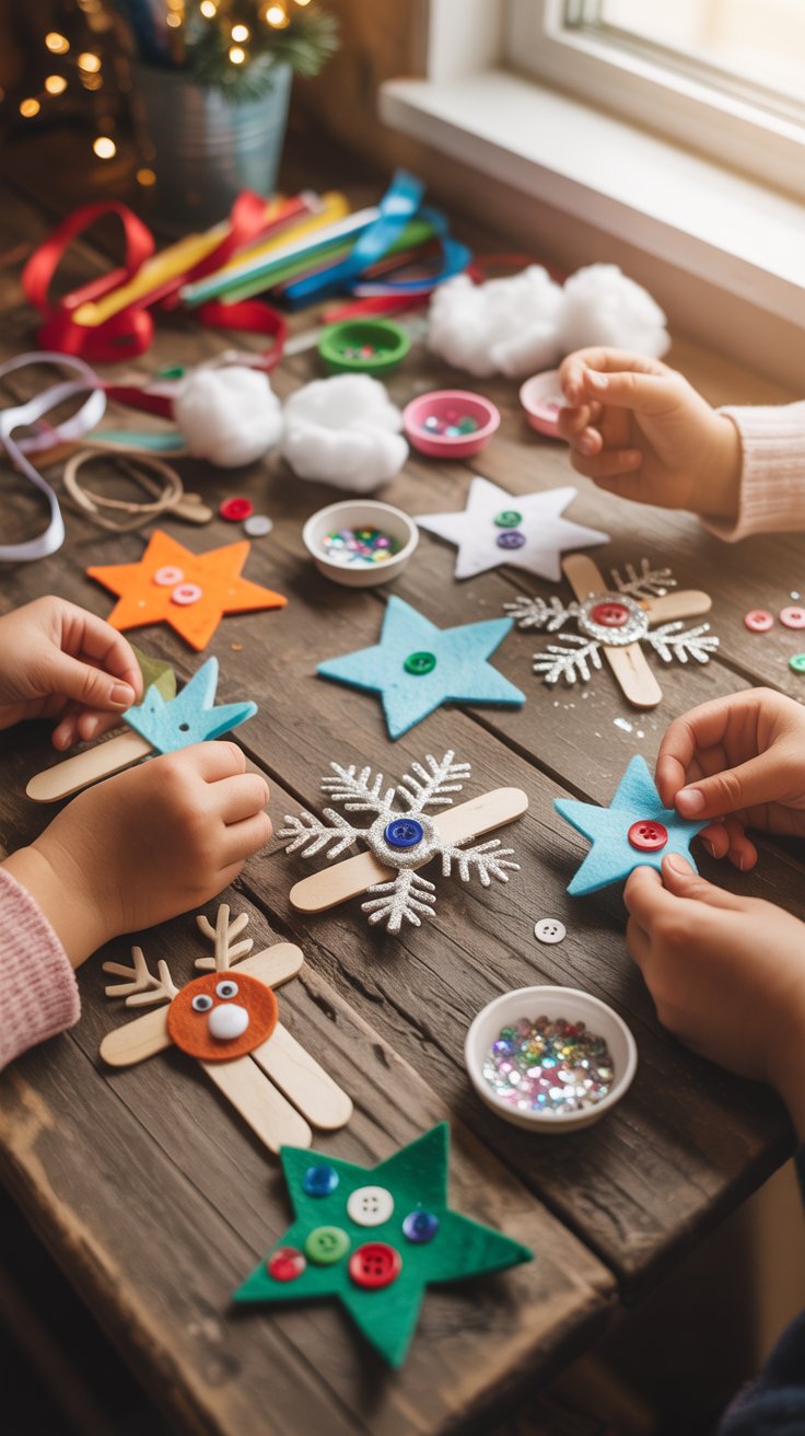 Children crafting DIY Christmas ornaments using popsicle sticks, felt, buttons, and glitter in a cheerful holiday setting