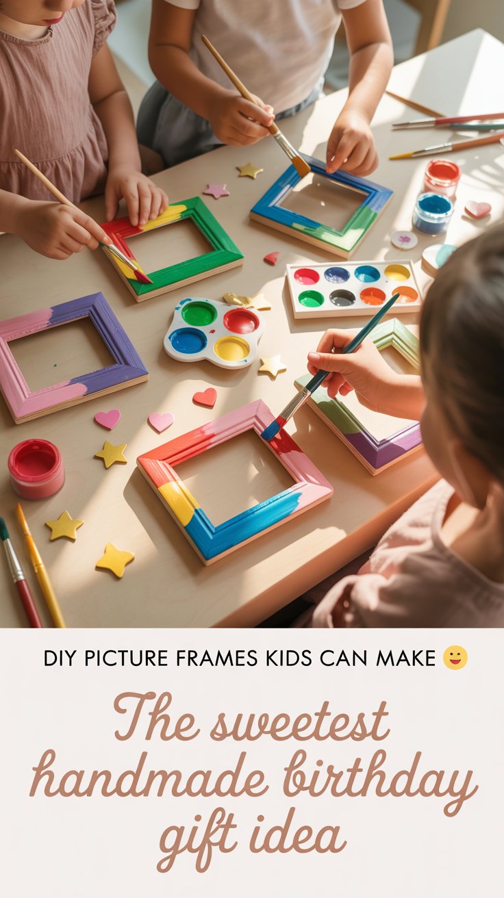 Kids painting colorful wooden photo frames with craft supplies, buttons, and stickers on a table.