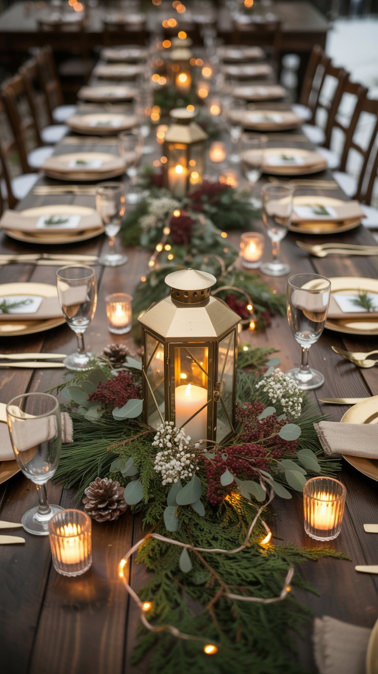 Wooden lantern centerpiece surrounded by greenery and candles at a romantic Christmas wedding reception.