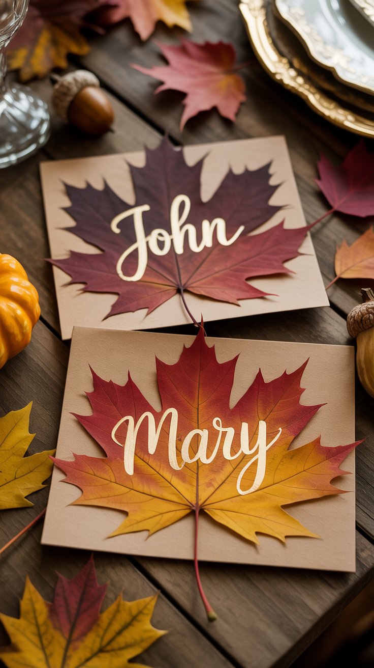 Autumn-themed DIY craft featuring Leaf Place Cards using pressed leaves and craft paper, beautifully arranged on a table setting for Thanksgiving.