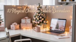 A cozy office cubicle decorated with pastel Christmas accents, fairy lights, and a mini tree — a festive workspace idea for Gen Z and millennial women.