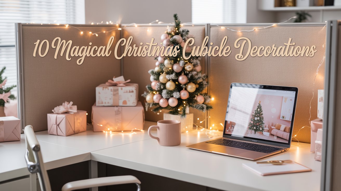 A cozy office cubicle decorated with pastel Christmas accents, fairy lights, and a mini tree — a festive workspace idea for Gen Z and millennial women.