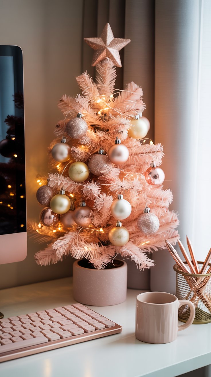 A mini Christmas tree with blush and gold ornaments on a cozy feminine desk, adding festive sparkle to a modern workspace.