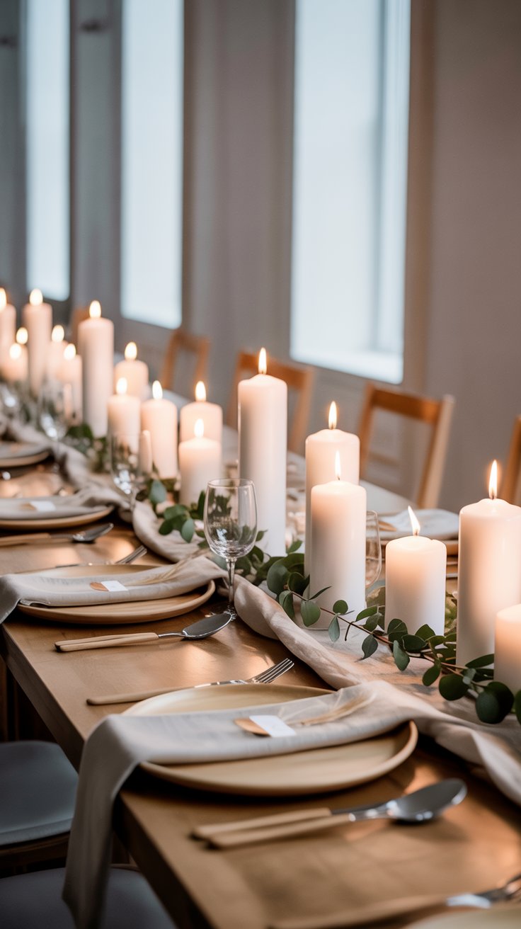 Minimalist Nordic winter wedding table with candles, wooden accents, and eucalyptus greenery in a cozy Scandinavian-inspired venue.