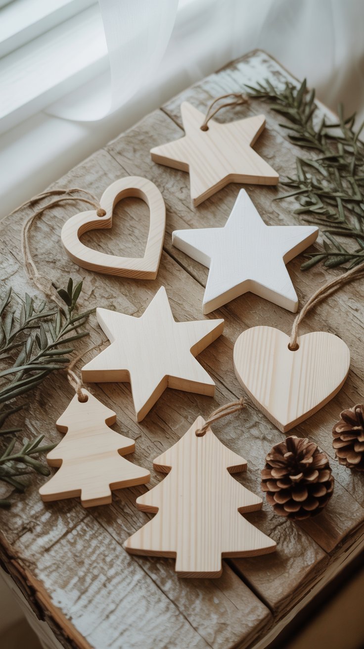 Nordic-style wooden Christmas decorations in minimalist Scandinavian tones with stars and tree ornaments.